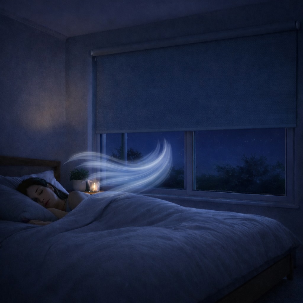 Quiet evening breeze scene showing SilentSnap reducing blind clatter